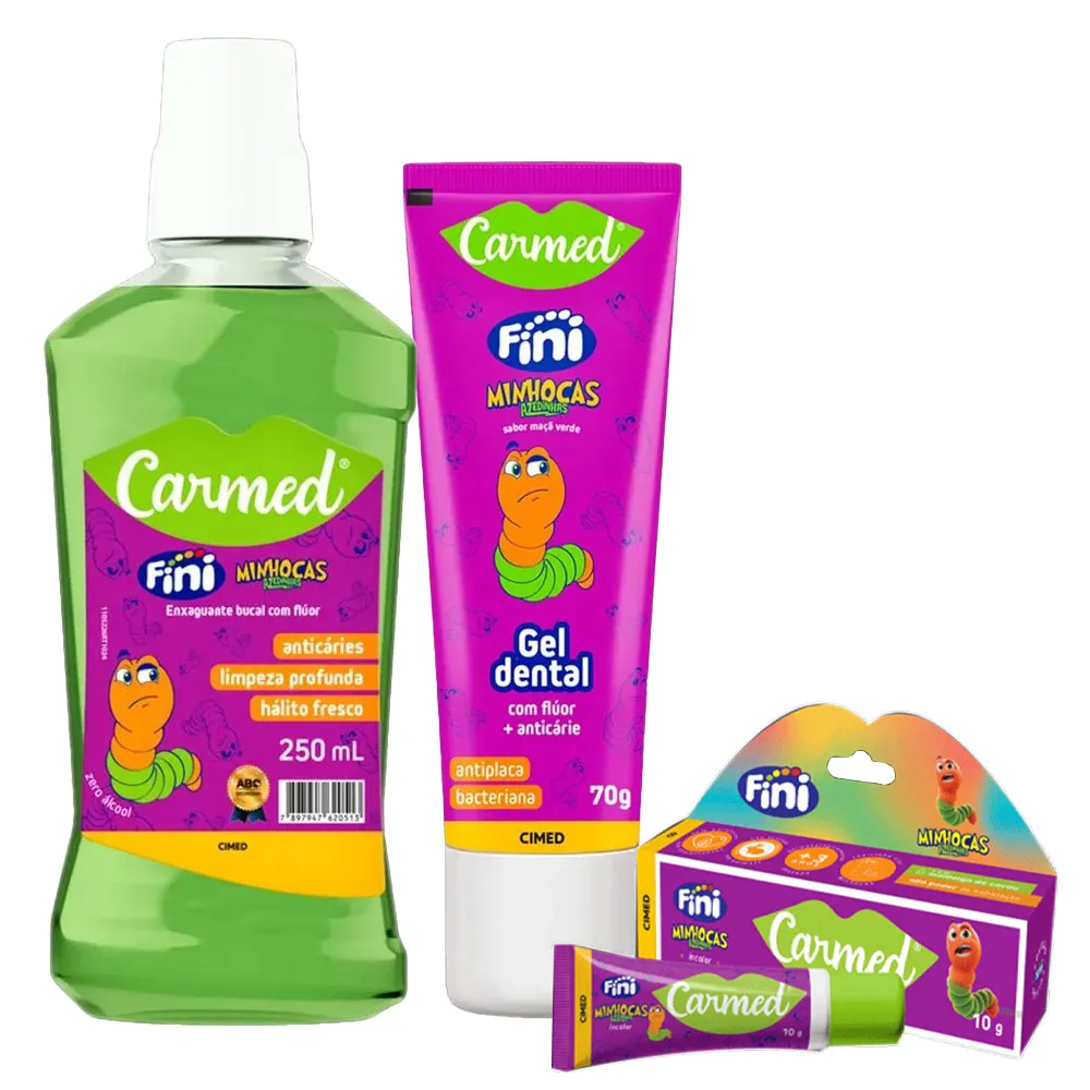 Kit Enxaguante Bucal + Hidratante Labial + Gel Dental Minhocas — Carmed com entrega em Recife e RMR | Liquida Perfumes